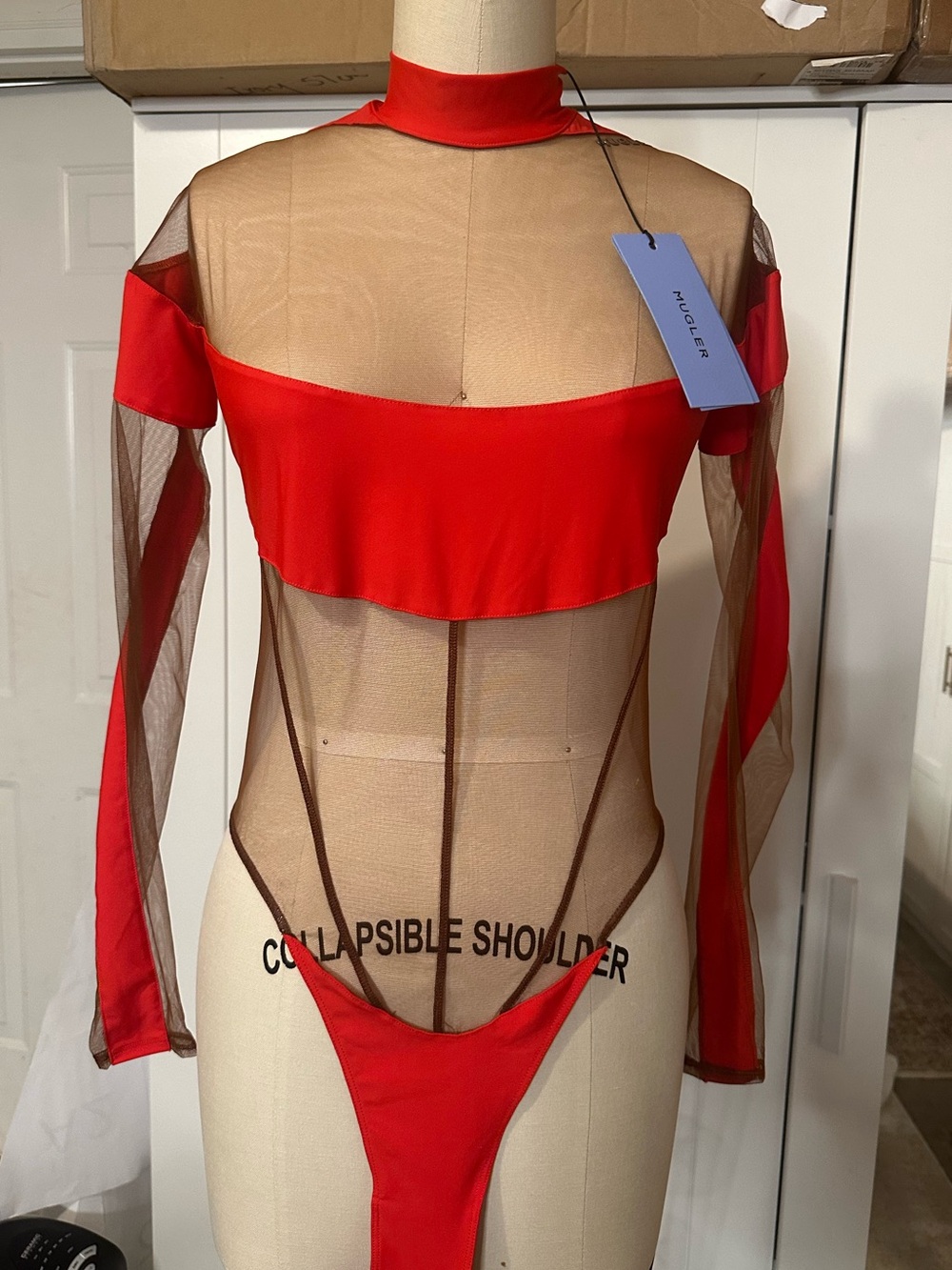 Mugler Red Sheer Mesh Long-Sleeve Bodysuit